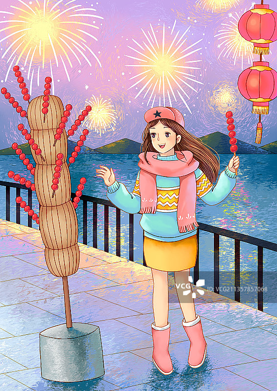 过年拿着糖葫芦走在江边看烟花的少女图片素材