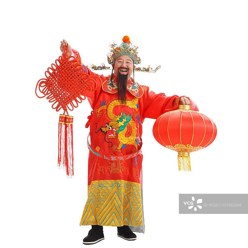 财神爷拿着灯笼和中国结图片素材