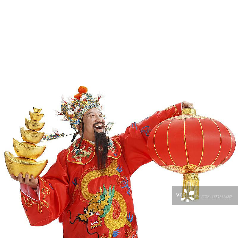财神爷拿着金元宝和灯笼图片素材