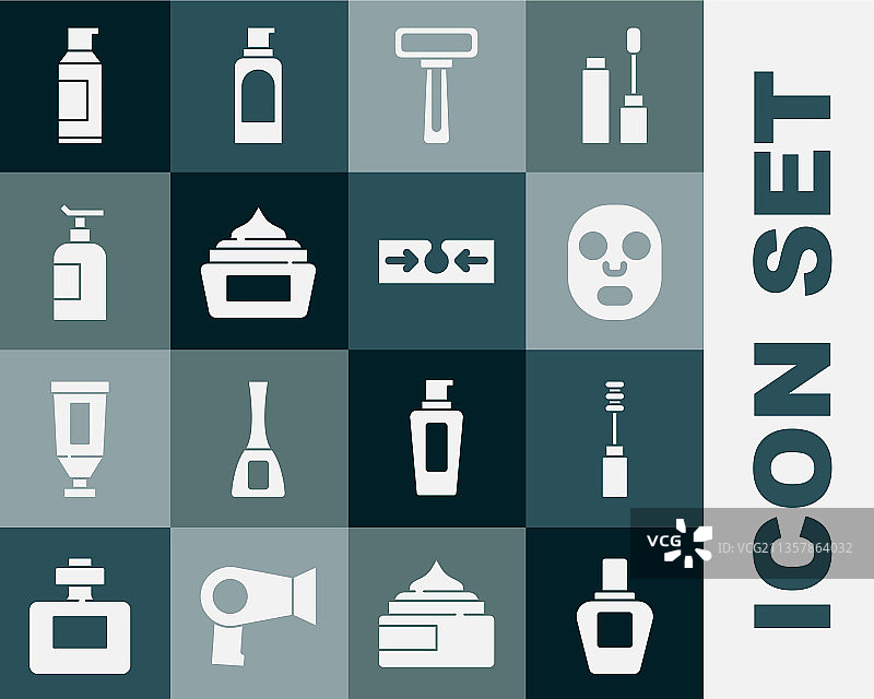 香水、睫毛膏刷、面部化妆品面膜设置图片素材