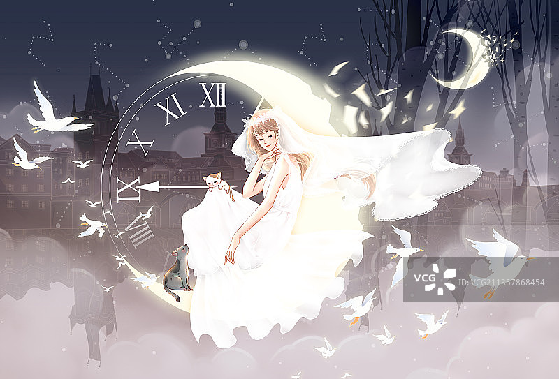 坐在月亮时钟上的新娘和猫咪图片素材