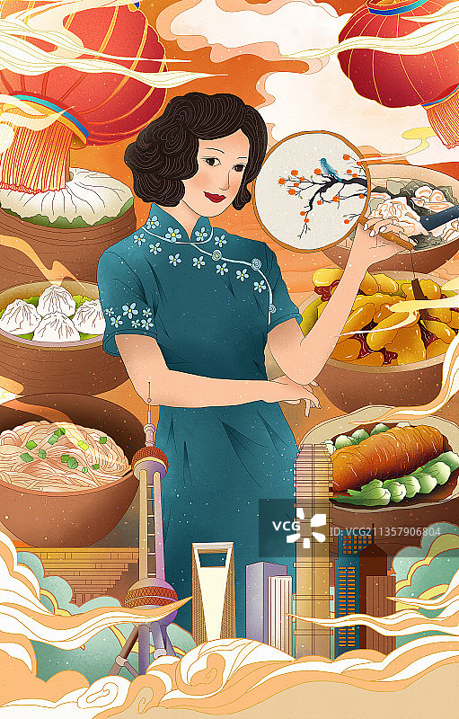 旗袍女人站在上海城市地标之间，围绕着几碗美食图片素材