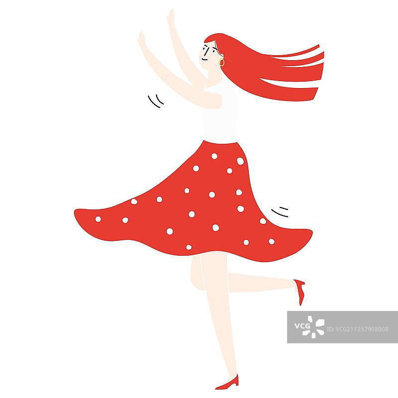 穿红裙子的女士欢快地跳舞。图片素材