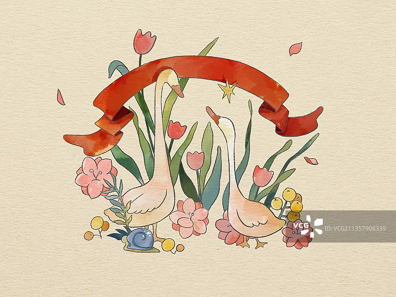 天鹅植物水彩装饰插画图片素材