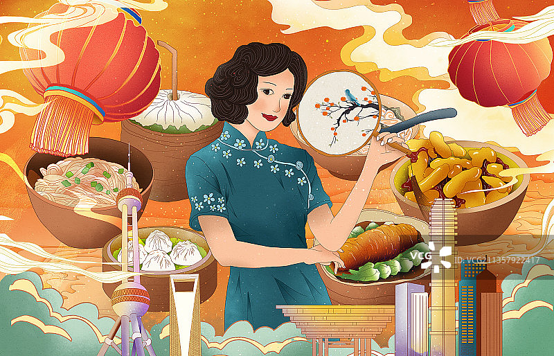 旗袍女人站在上海城市地标之间，围绕着几碗美食图片素材