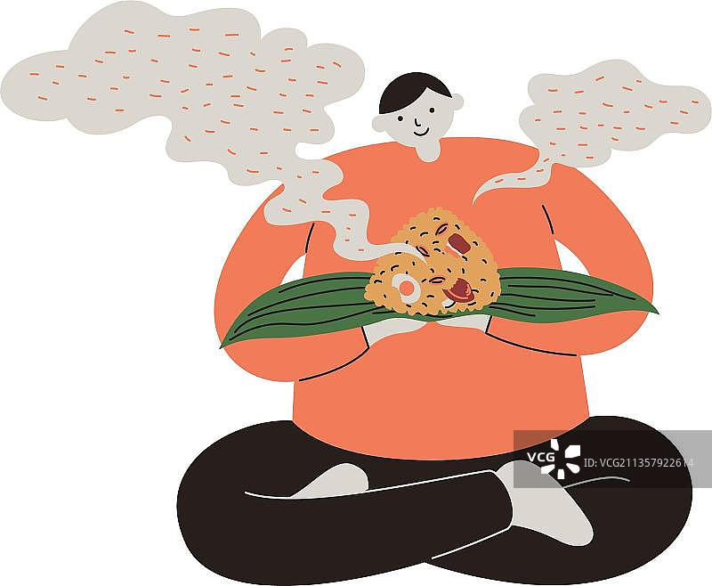男人盘腿坐着吃粽子图片素材