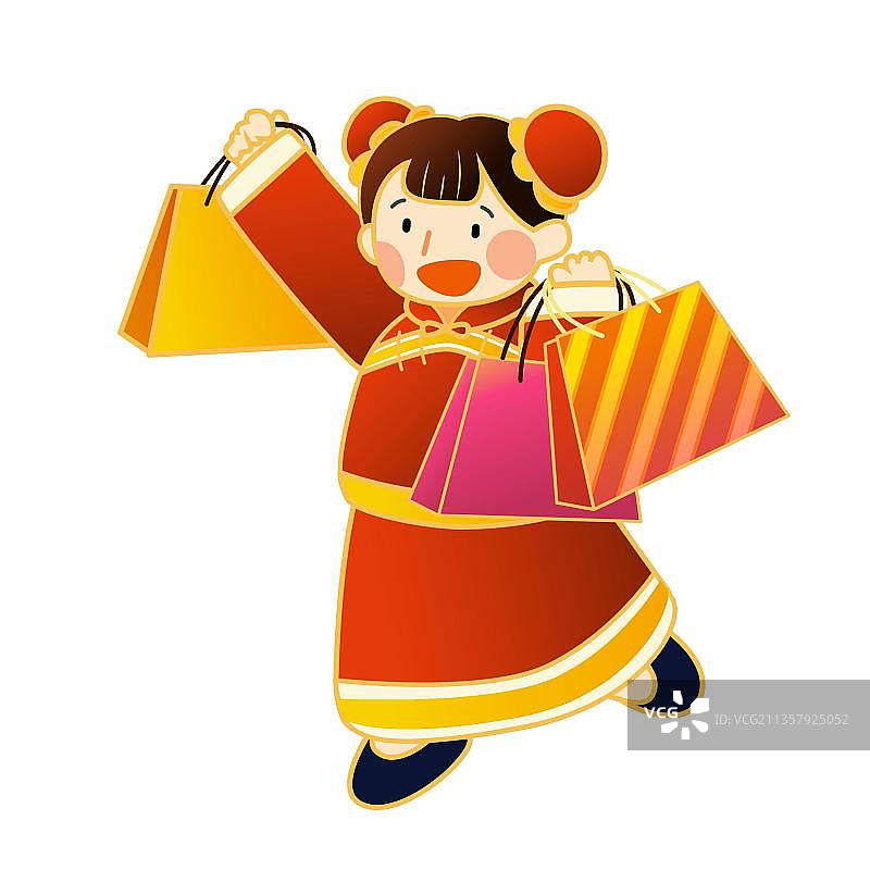 女孩穿着传统服装，兴高采烈地提着购物袋图片素材