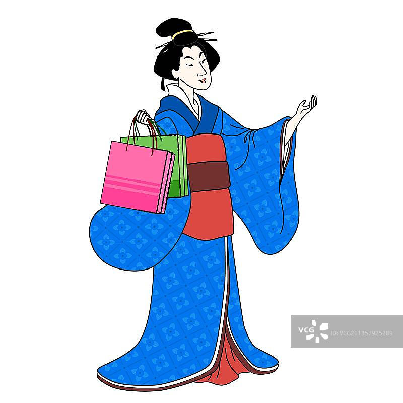 传统的日本浮世绘风格的女性购物图片素材