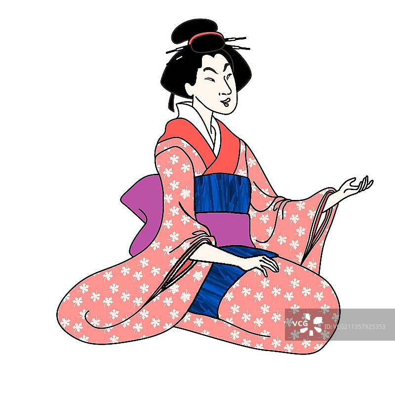 日本江户时代穿粉红色和服的妇女图片素材