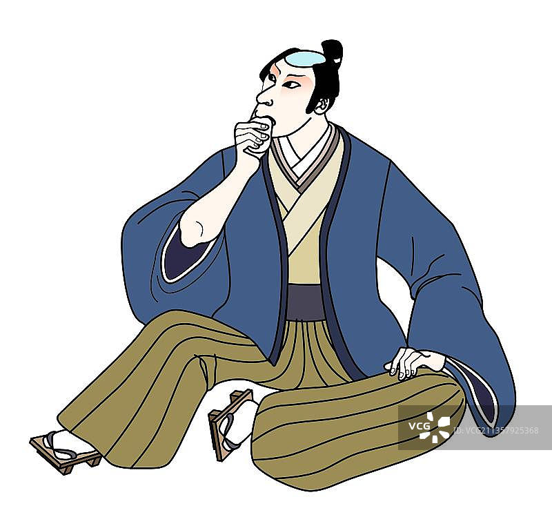 日本武士坐着，脸上带着怀疑的表情图片素材