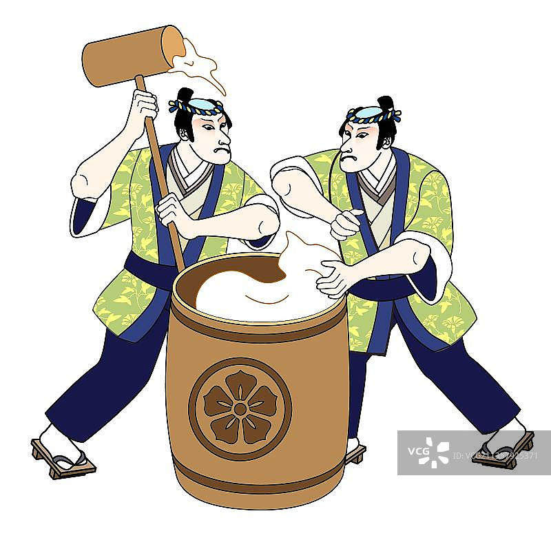 两个穿着传统和服的男人在捣麻糬图片素材