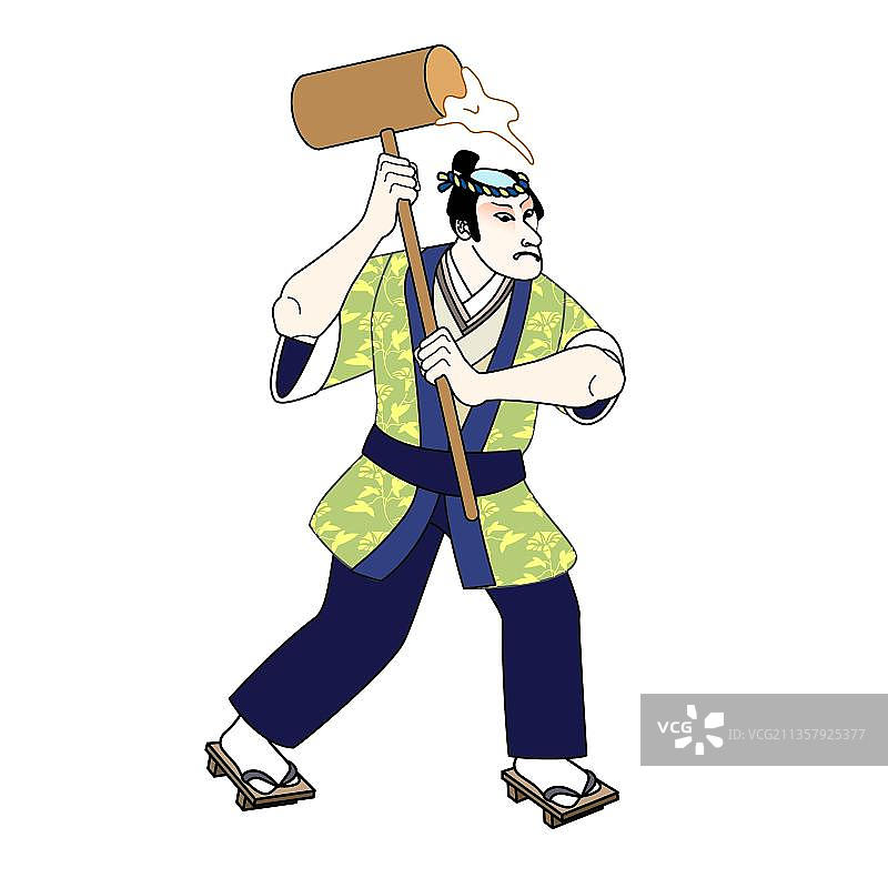 一个穿着传统和服的男人手里拿着锤子图片素材