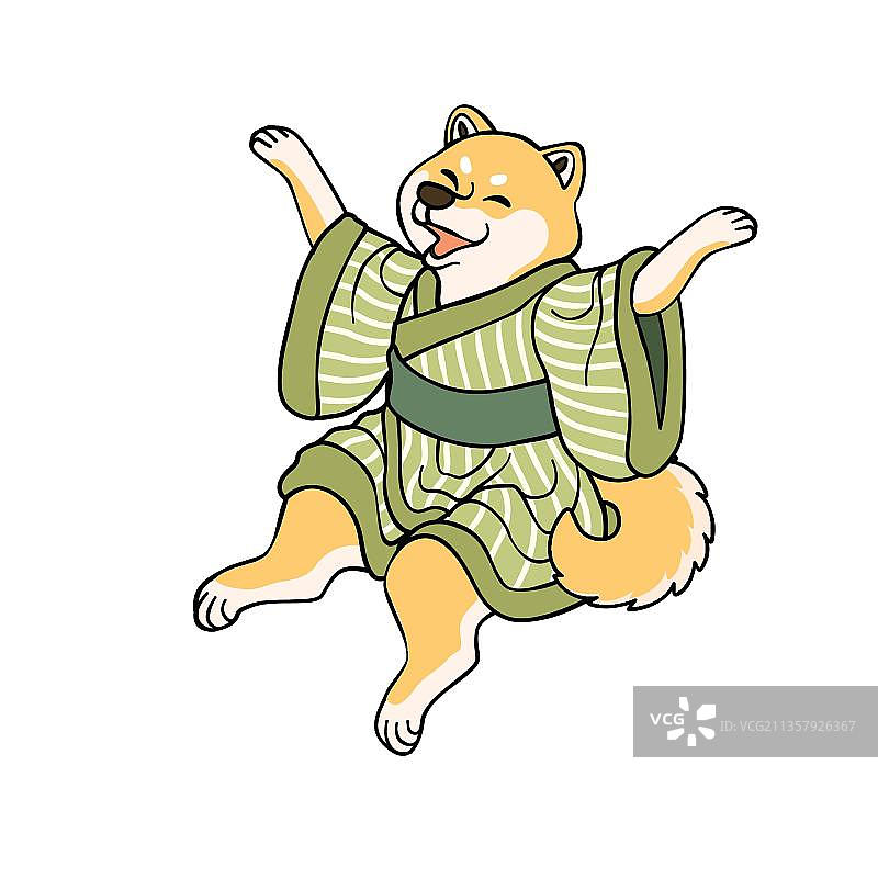 穿着绿色和服跳舞的柴犬图片素材