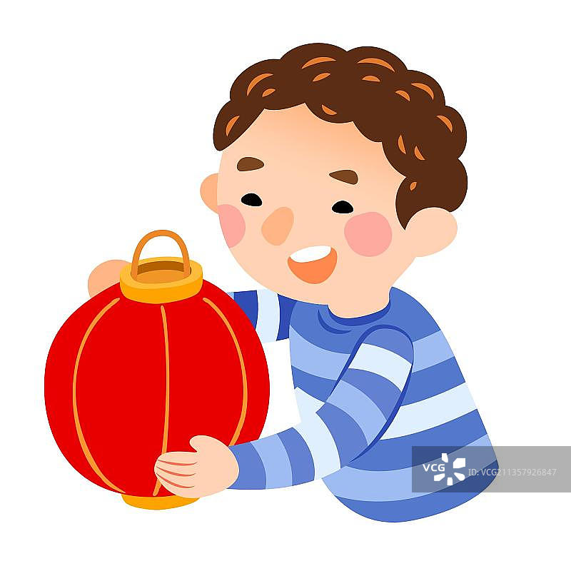 小男孩提红灯笼图片素材