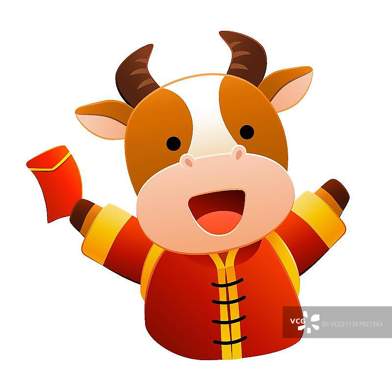 可爱的牛手里拿着一个中国传统服装的红包图片素材