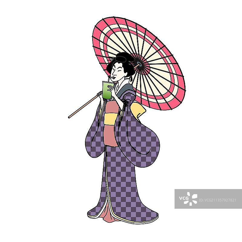 喝着饮料，拿着油纸伞的女人图片素材