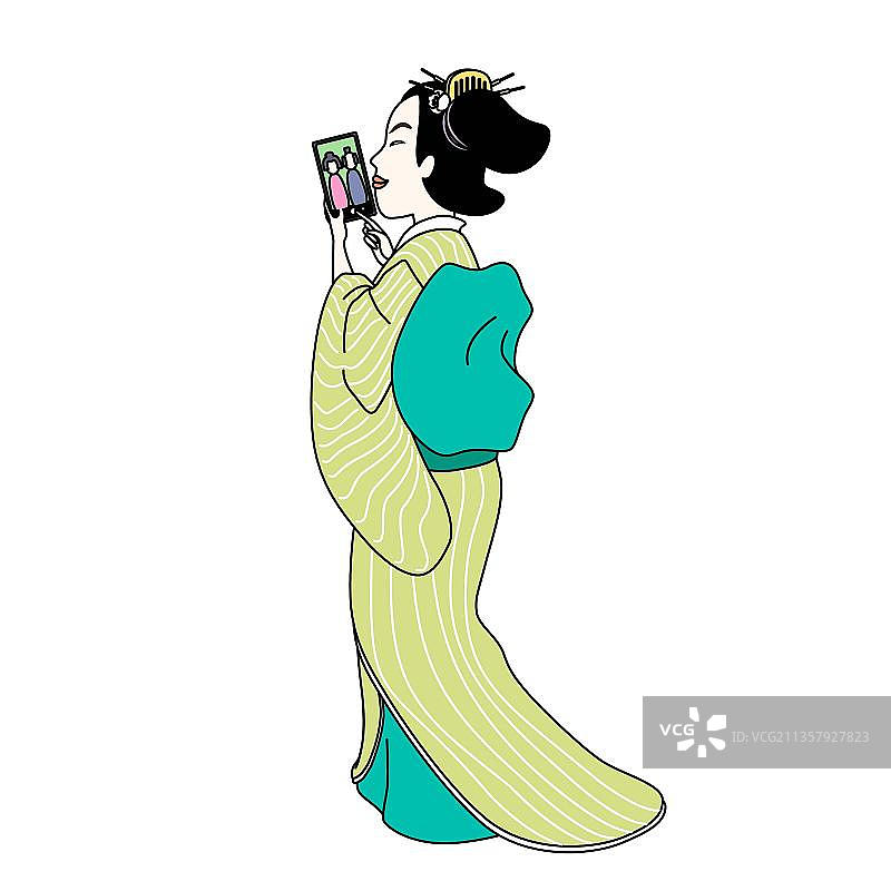 浮世绘女子正在看智能手机图片素材