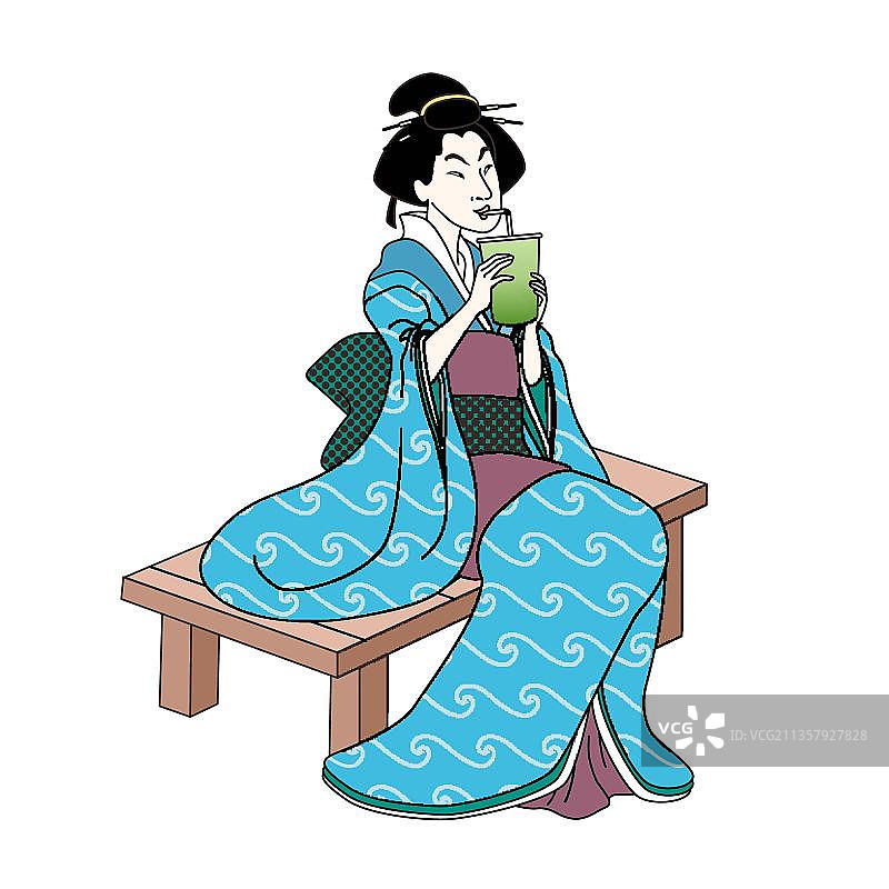 浮世绘女子正在休息和喝饮料图片素材