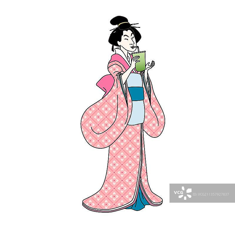 浮世绘女士喜欢喝饮料图片素材