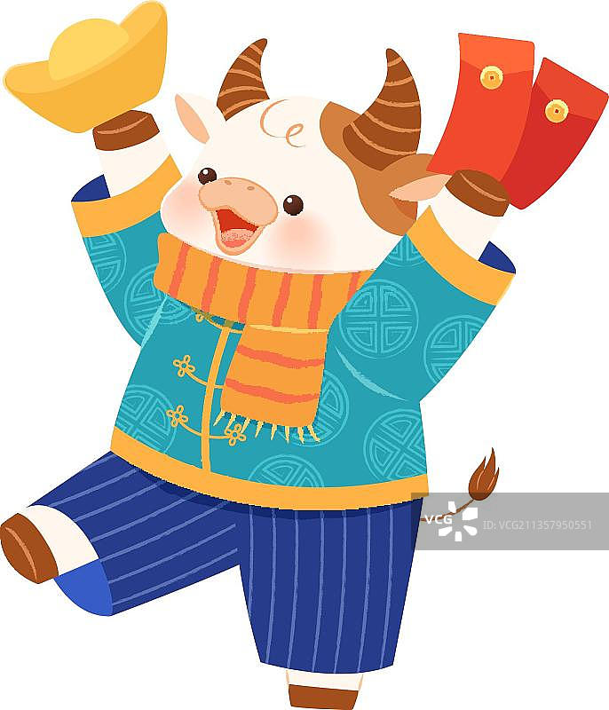可爱的奶牛手里拿着金元宝和红包图片素材