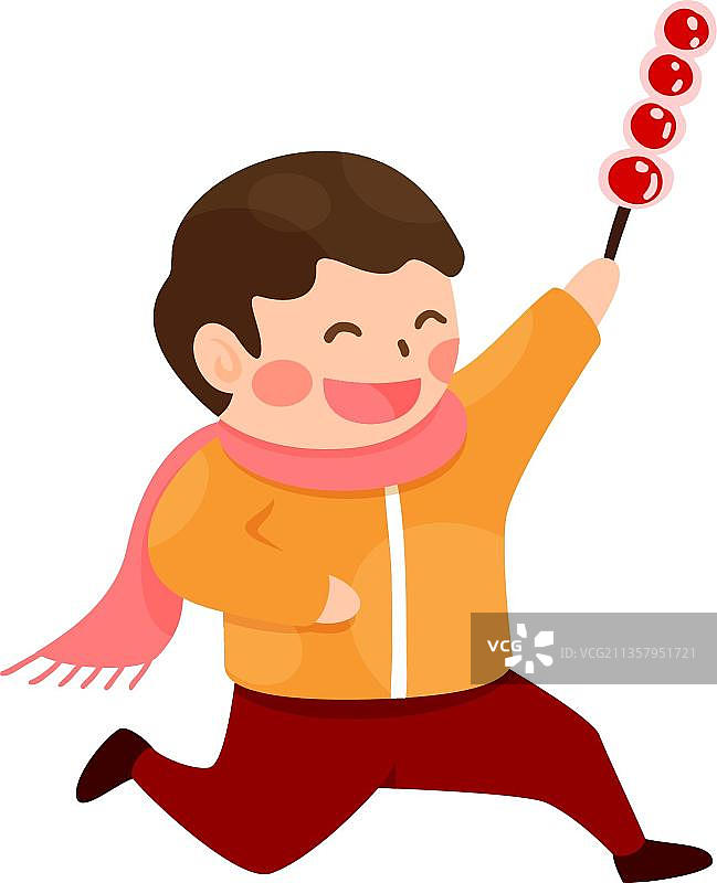 小男孩拿着糖衣水果棒开心地走着图片素材
