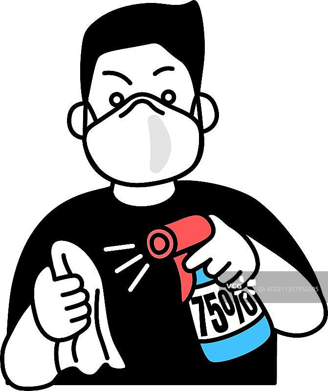 男人用酒精喷雾在抹布上消毒图片素材