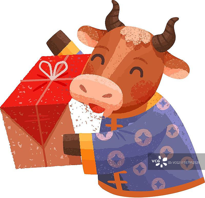 穿着传统服装的牛手持礼品盒图片素材