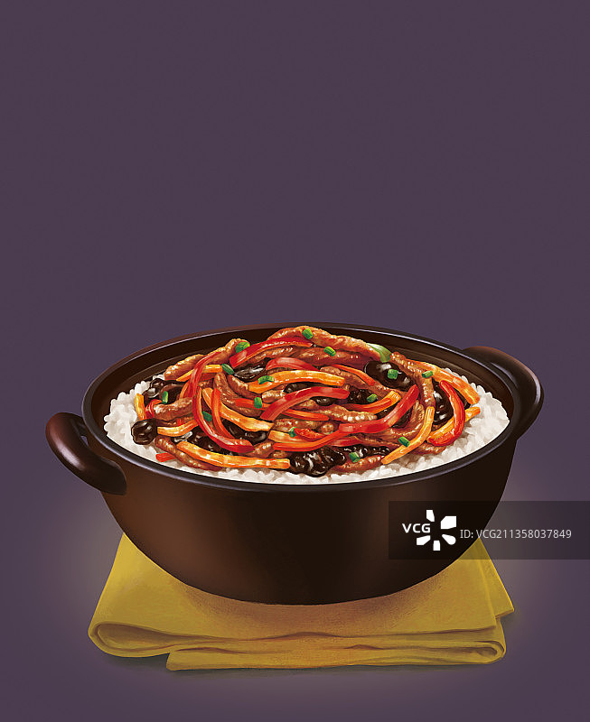 鱼香肉丝煲仔饭写实插画图片素材