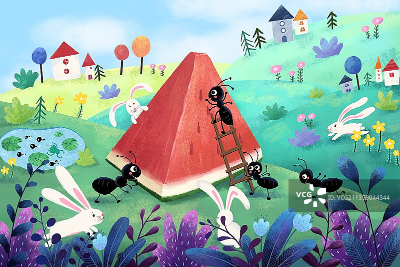 田园风光蚂蚁吃西瓜小兔子图片素材