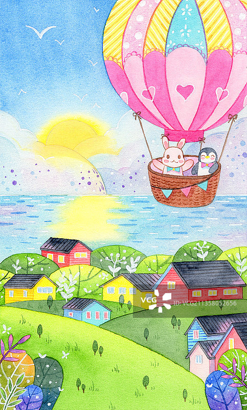 浪漫气球 治愈系建筑风景水彩插画图片素材