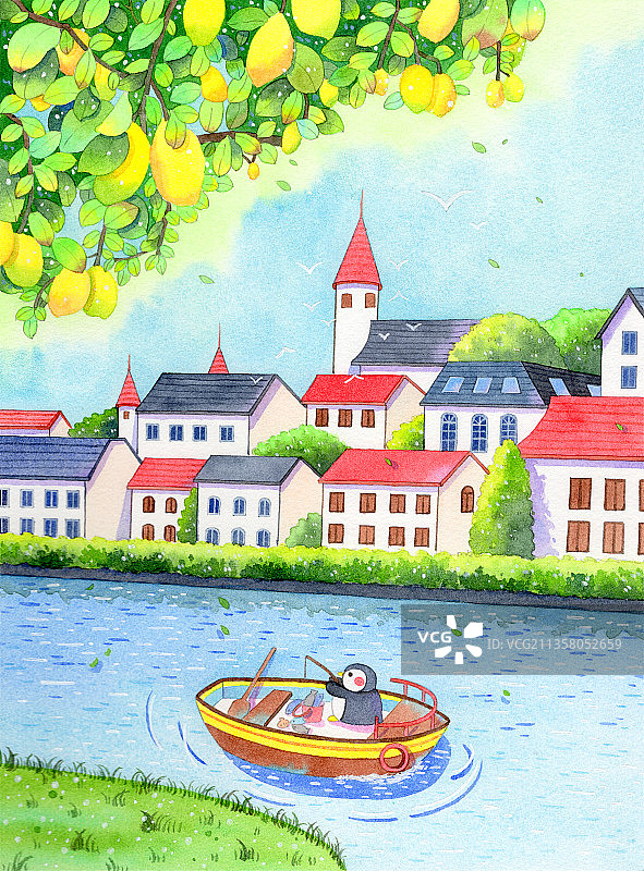 柠檬树下 治愈系建筑风景水彩插画图片素材