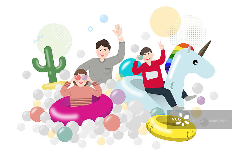 父亲和两个孩子在球池里玩耍的矢量图图片素材