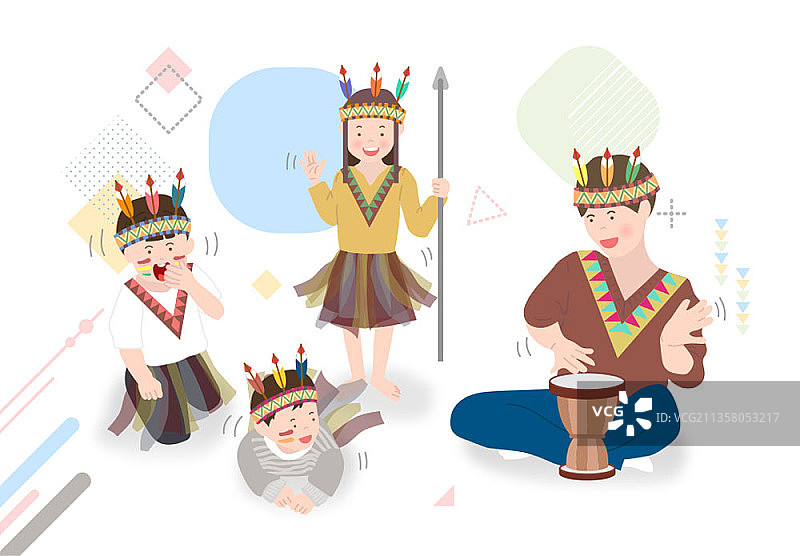 父亲和三个穿着印度服装的孩子打鼓跳舞的矢量图图片素材