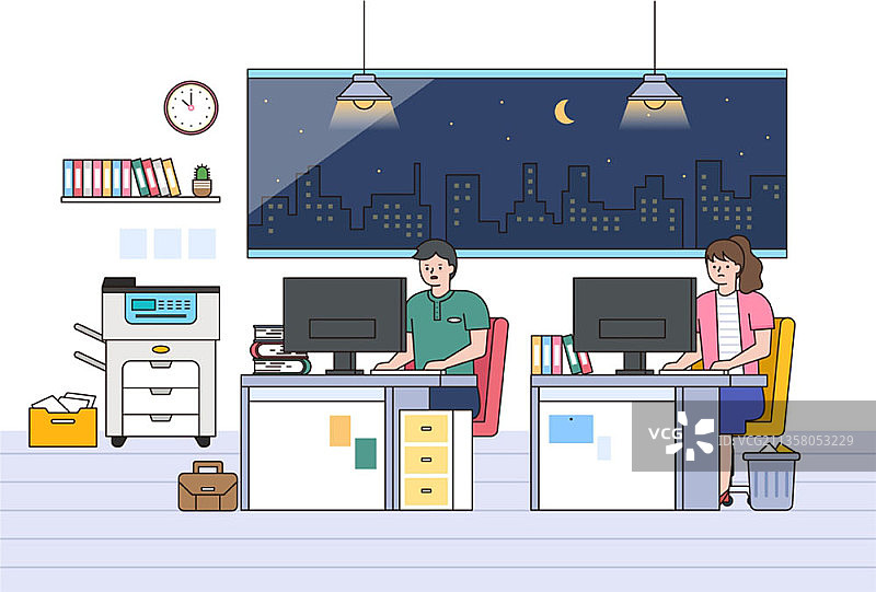 夜晚在办公室工作桌旁工作的两人矢量图图片素材