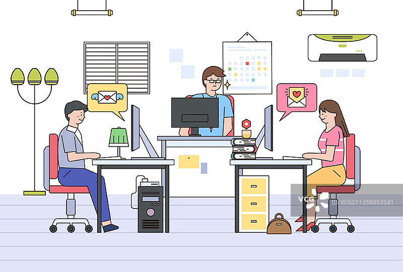 矢量的商人看着妇女发送信息坐在办公桌在办公室图片素材