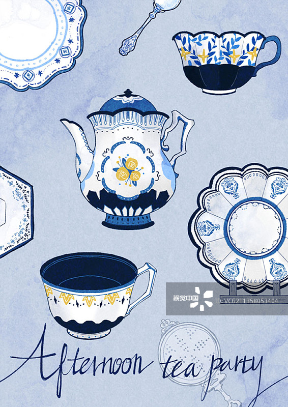 蓝色茶壶餐具下午茶派对插画图片素材