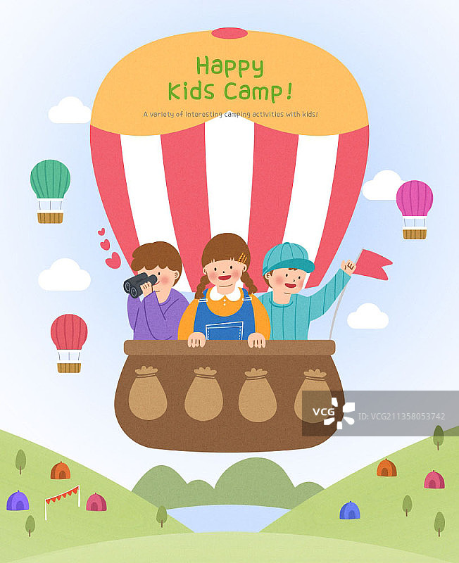 乘坐热气球用望远镜观看风景的三个孩子插画图片素材