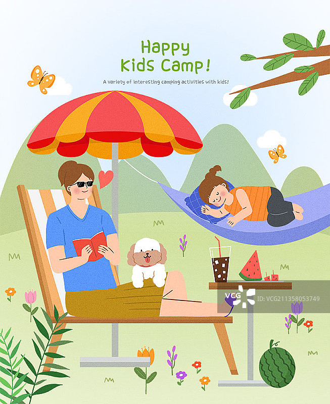 母亲和女儿在露营时在太阳躺椅上看书，在吊床上小睡插画图片素材