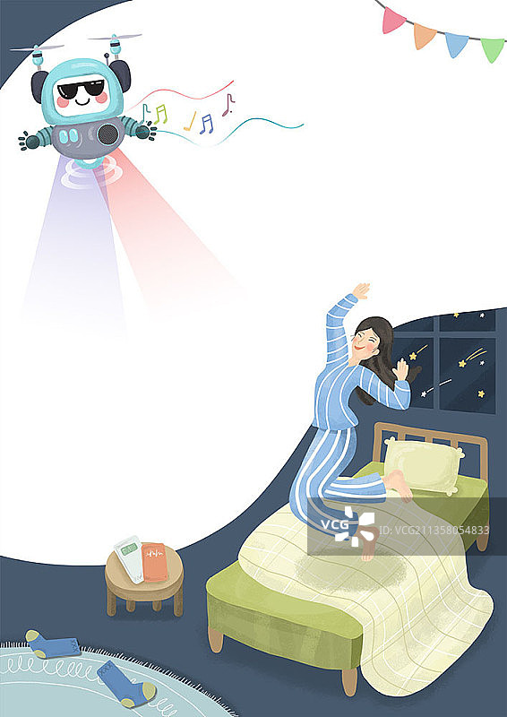女子与播放音乐的机器人共舞图片素材