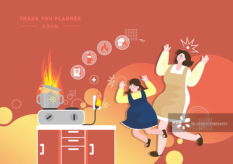 厨房火灾中受惊的母女图片素材