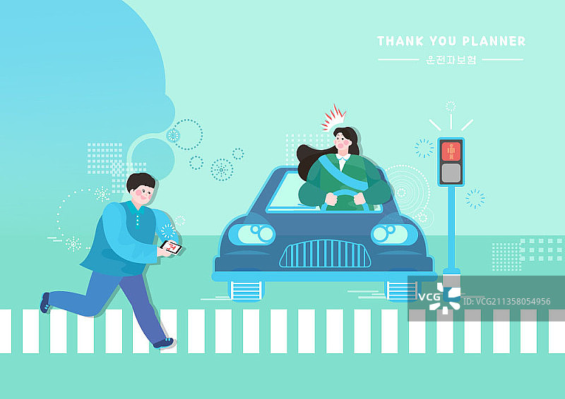 司机对红灯时穿过马路的男孩感到惊讶图片素材