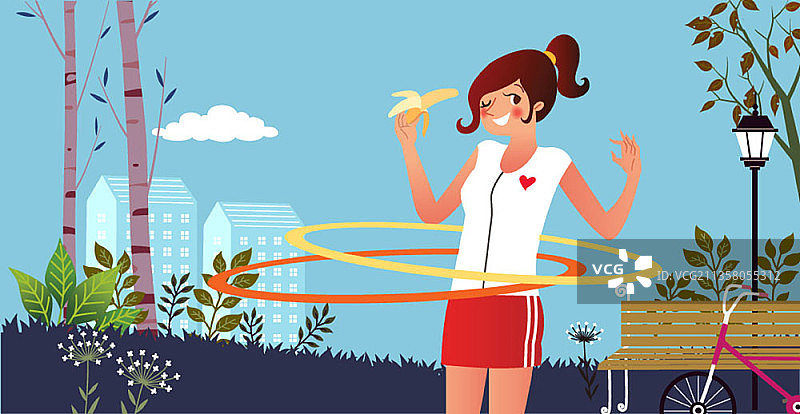 女人吃香蕉玩呼啦圈图片素材