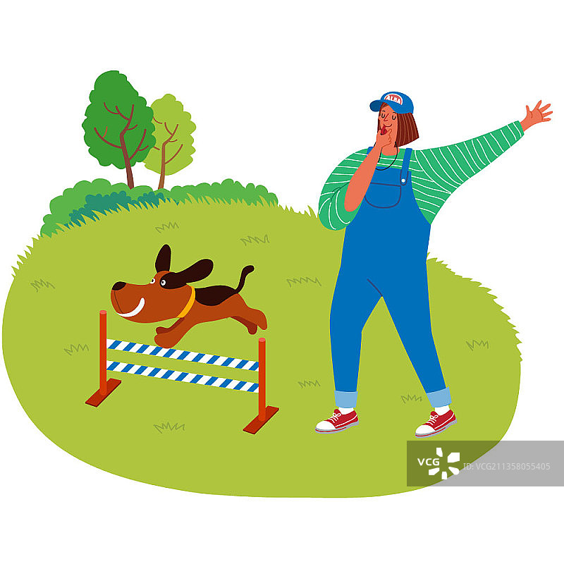 一个女人吹口哨训练狗图片素材