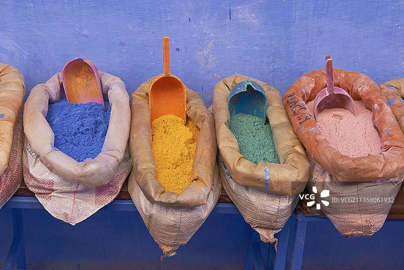 舍夫沙万，彩色颜料，麦地那，里夫地区，北非，摩洛哥，非洲图片素材