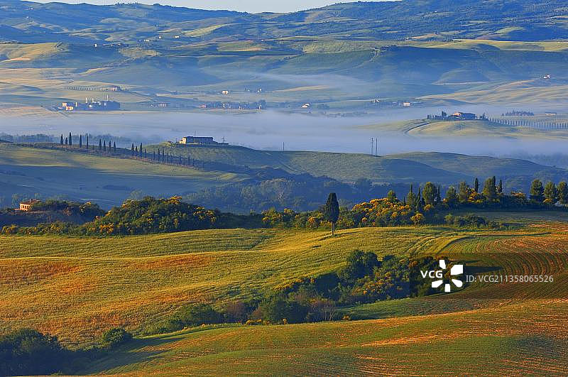 瓦尔道尔恰：托斯卡纳晨雾与世界遗产景观图片素材