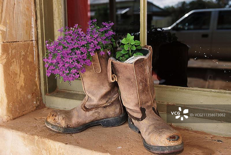 澳大利亚新南威尔士州蒂布布拉镇窗边的花靴图片素材