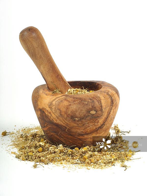 洋甘菊，橄榄木研钵（母菊），研钵图片素材