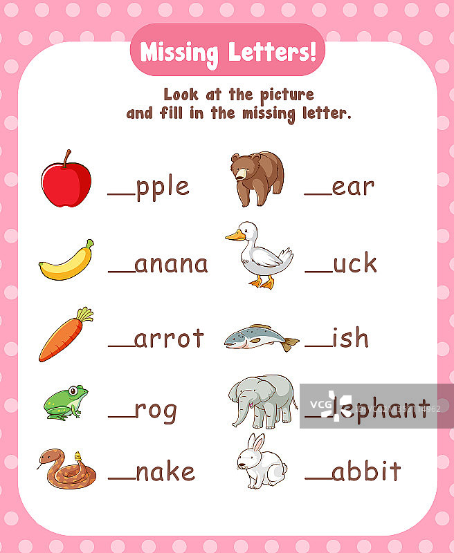 填写缺失字母的工作表模板图片素材