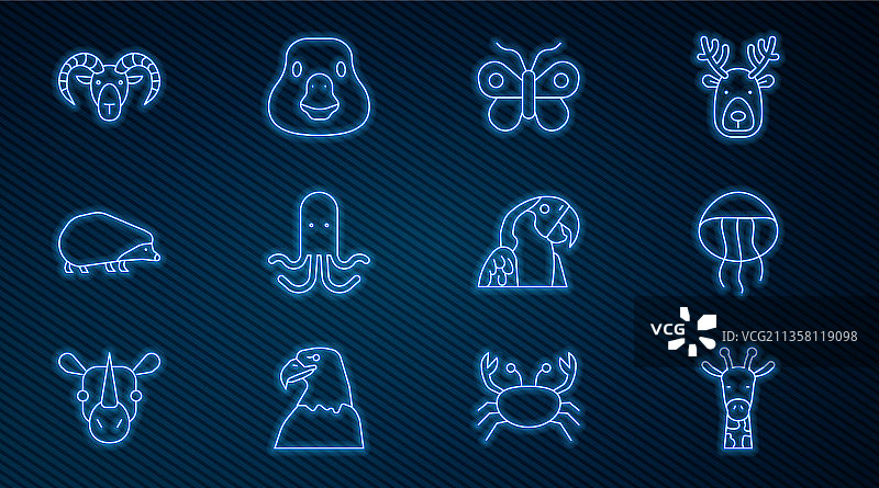 长颈鹿头、水母和蝴蝶线条组合图片素材