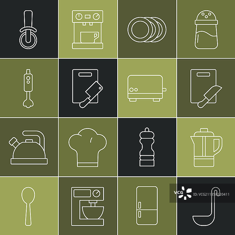 厨房长柄勺、茶壶和砧板线条组合图片素材